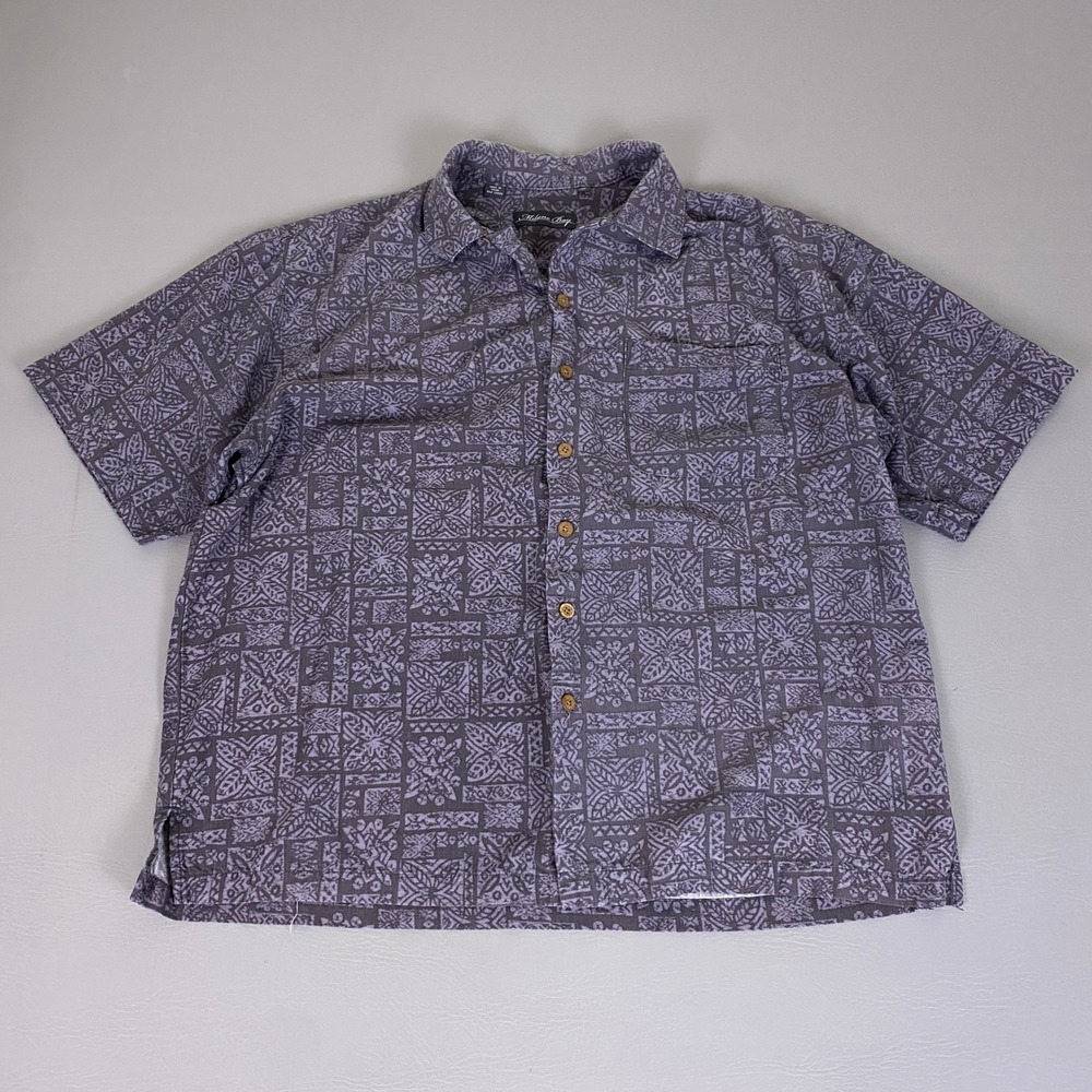 Milano Bay Shirt Button Down Men's XL Gray Geometric Floral Rayon‎ Short Sleeve